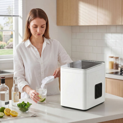 Machine à glaçons compacte, autonettoyante, réservoir de 1,5 L, blanche
