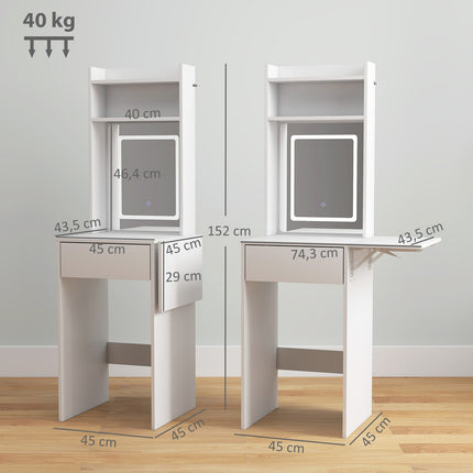 Kompakter Schminktisch mit Spiegel und LED-Beleuchtung, klappbarer Tischplatte, offenen Ablagen, Schublade, MDF, weiß