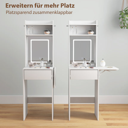 Kompakter Schminktisch mit Spiegel und LED-Beleuchtung, klappbarer Tischplatte, offenen Ablagen, Schublade, MDF, weiß