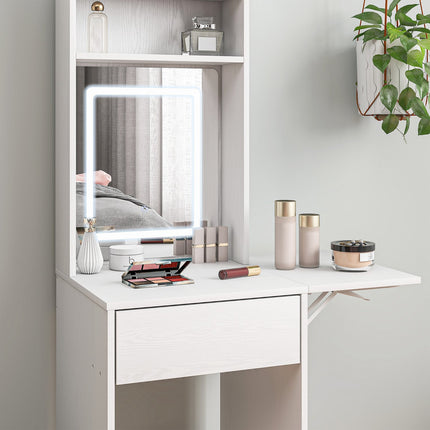 Kompakter Schminktisch mit Spiegel und LED-Beleuchtung, klappbarer Tischplatte, offenen Ablagen, Schublade, MDF, weiß