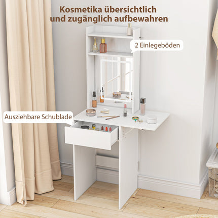 Kompakter Schminktisch mit Spiegel und LED-Beleuchtung, klappbarer Tischplatte, offenen Ablagen, Schublade, MDF, weiß