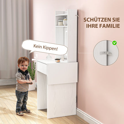 Kompakter Schminktisch mit Spiegel und LED-Beleuchtung, klappbarer Tischplatte, offenen Ablagen, Schublade, MDF, weiß