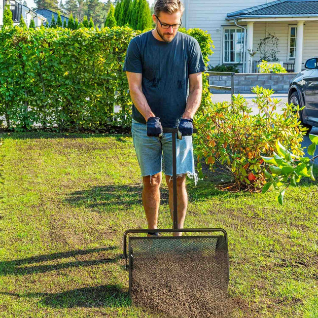 Épandeur de compost 300L 61x40cm épandeur d'engrais pelouse jardin épandeur de jardin avec poignée en T panier en maille épandeur de graines en métal épandeur de mousse de tourbe épandeur de gazon entretien de pelouse pour compost, fumier engrais