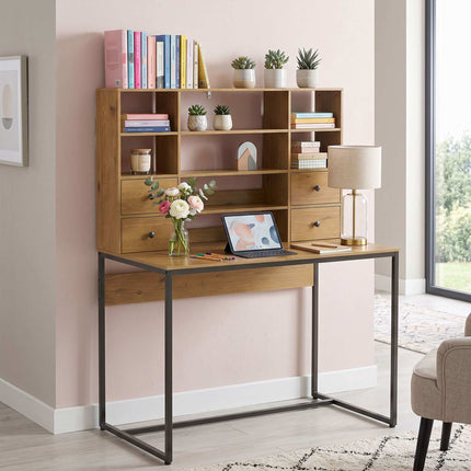 Computertisch 105 cm mit 4 Schubladen und Regalen, Natur