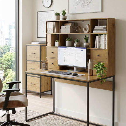 Computertisch 105 cm mit 4 Schubladen und Regalen, Natur