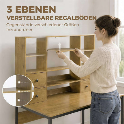 Computertisch 105 cm mit 4 Schubladen und Regalen, Natur