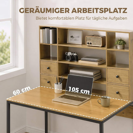 Computertisch 105 cm mit 4 Schubladen und Regalen, Natur