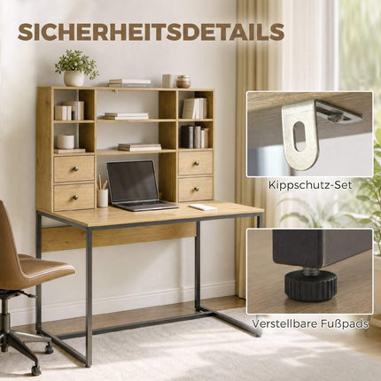 Computertisch 105 cm mit 4 Schubladen und Regalen, Natur