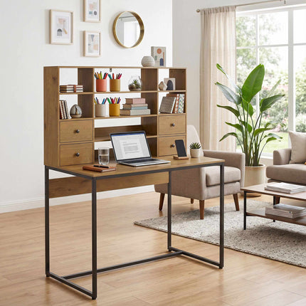 Computertisch 105 cm mit 4 Schubladen und Regalen, Natur