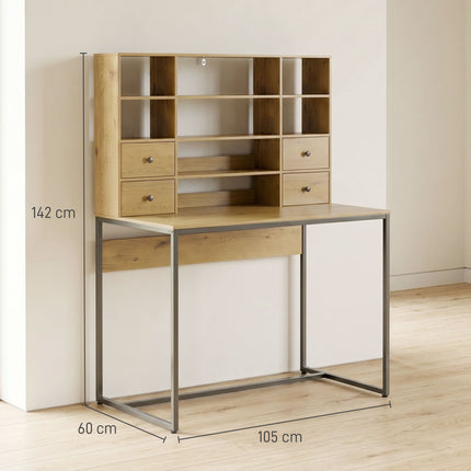 Computertisch 105 cm mit 4 Schubladen und Regalen, Natur