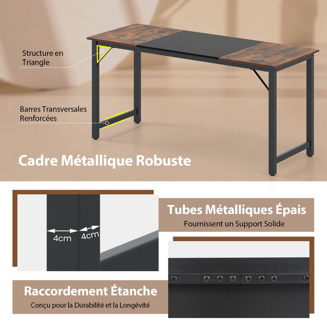 Bureau d'ordinateur 160 x 60 cm, structure métallique, style industriel