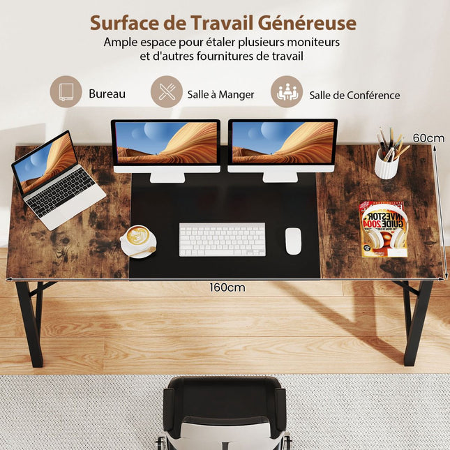 Bureau d'ordinateur 160 x 60 cm, structure métallique, style industriel