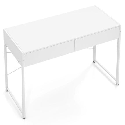 Bureau d'ordinateur avec 2 tiroirs, structure en métal, blanc