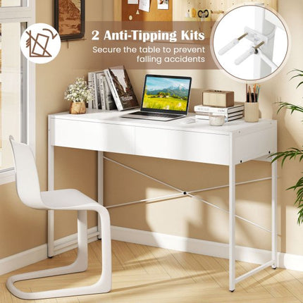 Bureau d'ordinateur avec 2 tiroirs, structure en métal, blanc