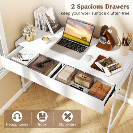 Bureau d'ordinateur avec 2 tiroirs, structure en métal, blanc