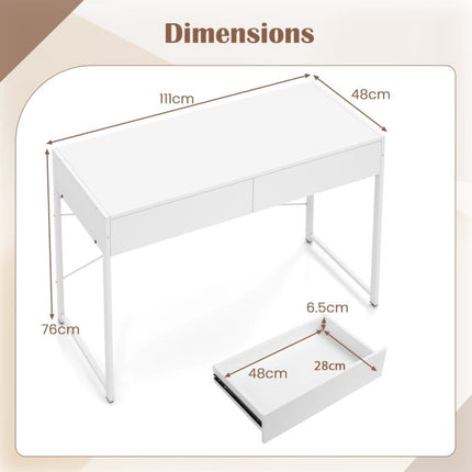 Bureau d'ordinateur avec 2 tiroirs, structure en métal, blanc