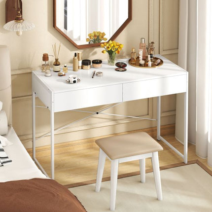 Bureau d'ordinateur avec 2 tiroirs, structure en métal, blanc