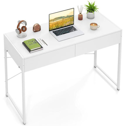 Bureau d'ordinateur avec 2 tiroirs, structure en métal, blanc