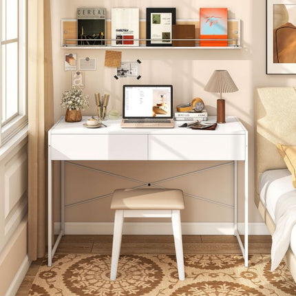 Bureau d'ordinateur avec 2 tiroirs, structure en métal, blanc