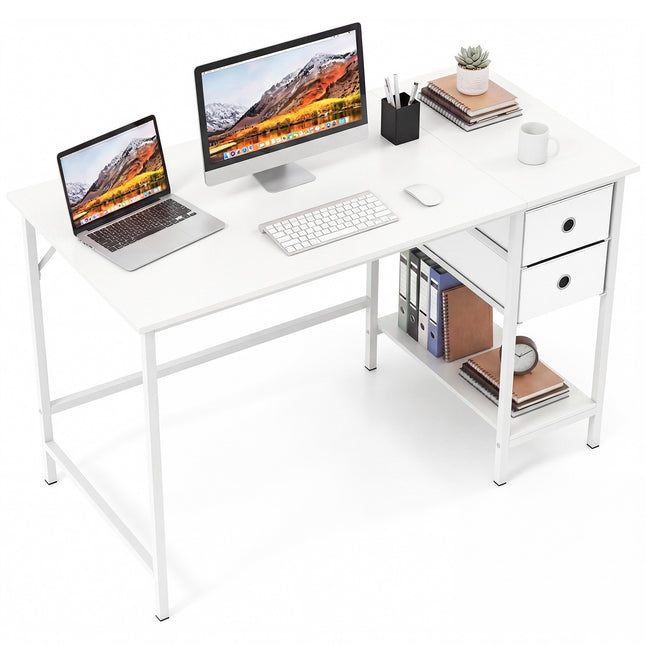 Bureau d'ordinateur avec 2 tiroirs, étagère et crochet, 120 x 60 cm, blanc