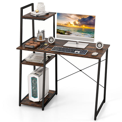 Bureau d'ordinateur compact à 4 étagères, marron
