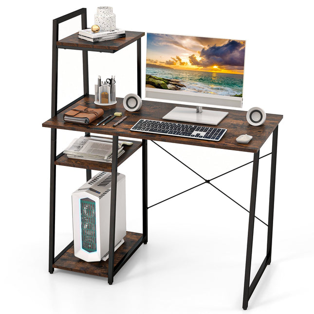 Computertisch mit 4-stufigen Regalen, kompakt, Braun