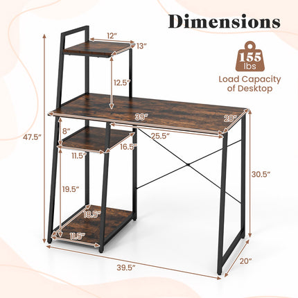 Bureau d'ordinateur compact à 4 étagères, marron
