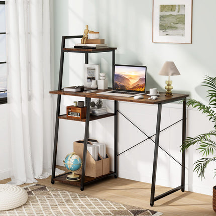 Bureau d'ordinateur compact à 4 étagères, marron
