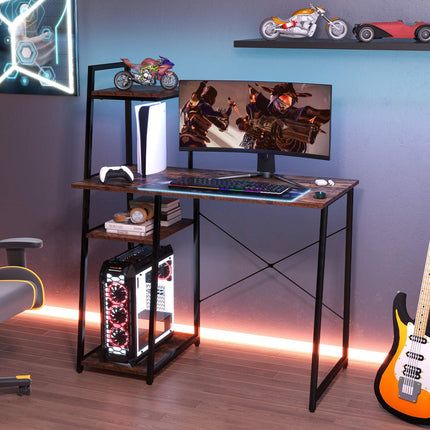 Bureau d'ordinateur compact à 4 étagères, marron