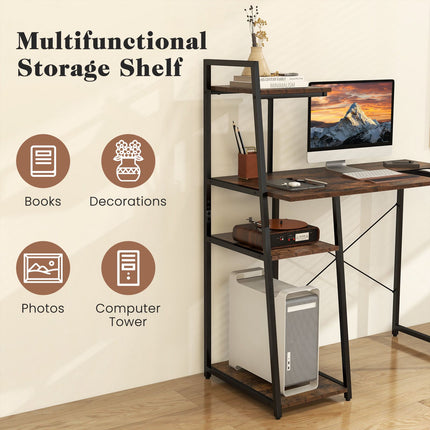 Bureau d'ordinateur compact à 4 étagères, marron