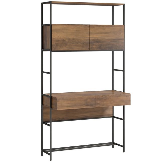 Bureau d'ordinateur avec étagères et 2 tiroirs, marron, 185 cm