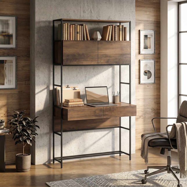 Bureau d'ordinateur avec étagères et 2 tiroirs, marron, 185 cm