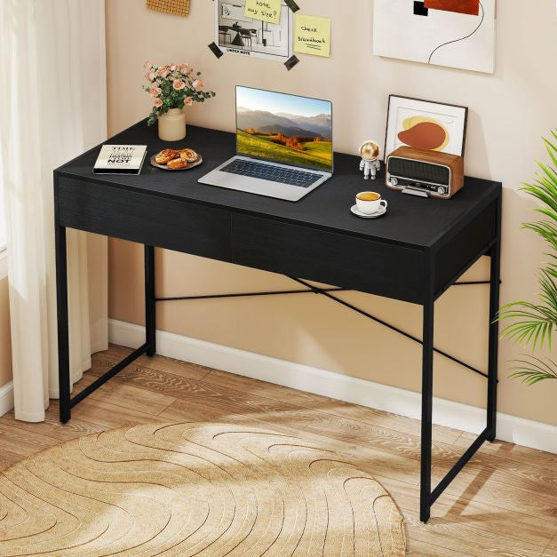 Bureau d'ordinateur avec 2 tiroirs, structure en métal, 111 x 48 cm