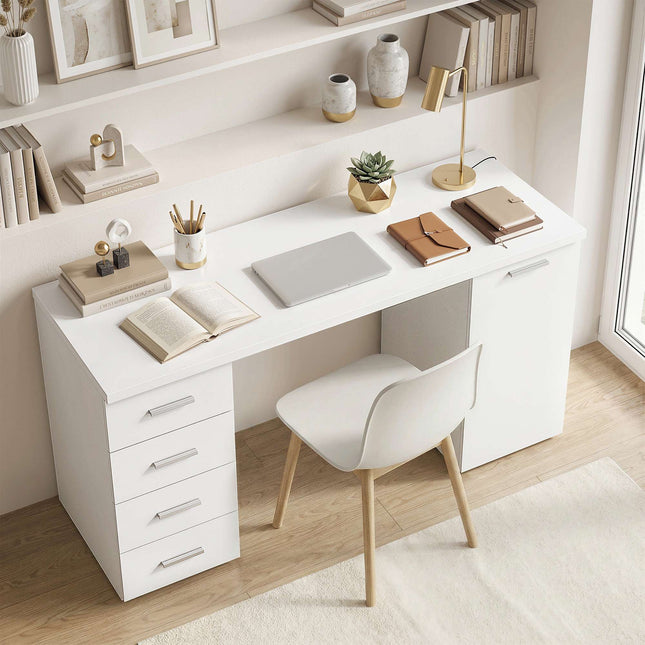 Bureau d'ordinateur avec 4 tiroirs et une armoire, 140 cm, bois blanc