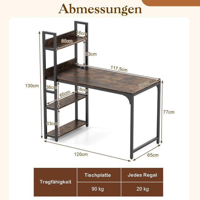 Bureau d'ordinateur avec station de charge et étagère, marron