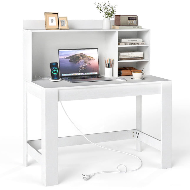 Bureau d'ordinateur avec étagère, prises électriques et système de gestion des câbles
