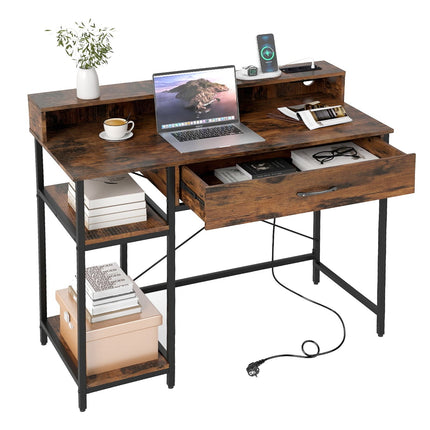 Bureau d'ordinateur avec prises électriques, tiroir et étagères, marron rustique