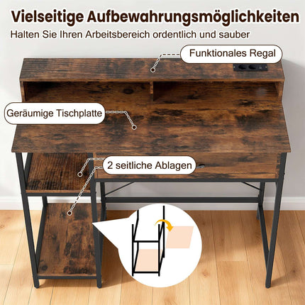 Bureau d'ordinateur avec prises électriques, tiroir et étagères, marron rustique