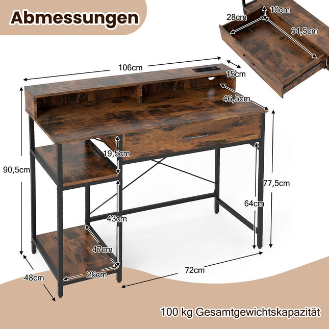 Bureau d'ordinateur avec prises électriques, tiroir et étagères, marron rustique