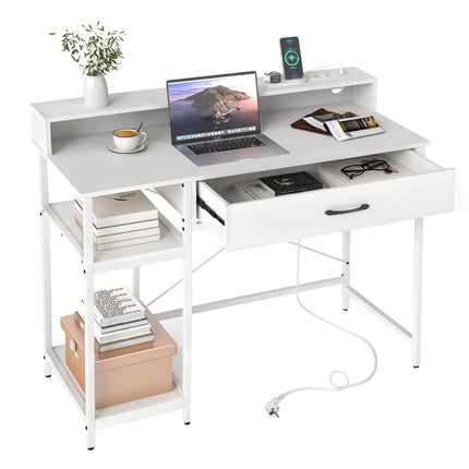 Bureau d'ordinateur avec prises électriques, tiroir et étagères, blanc