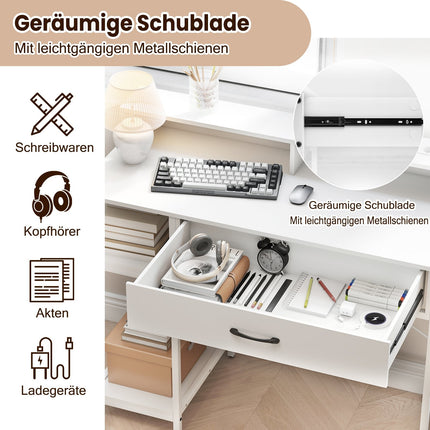 Bureau d'ordinateur avec prises électriques, tiroir et étagères, blanc