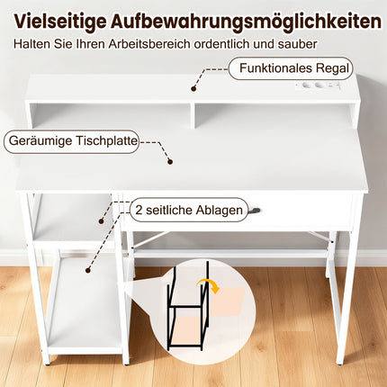 Bureau d'ordinateur avec prises électriques, tiroir et étagères, blanc