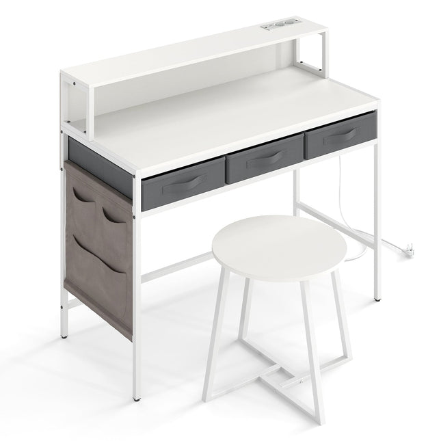 Bureau d'ordinateur avec prises électriques, support pour écran et tabouret inclus