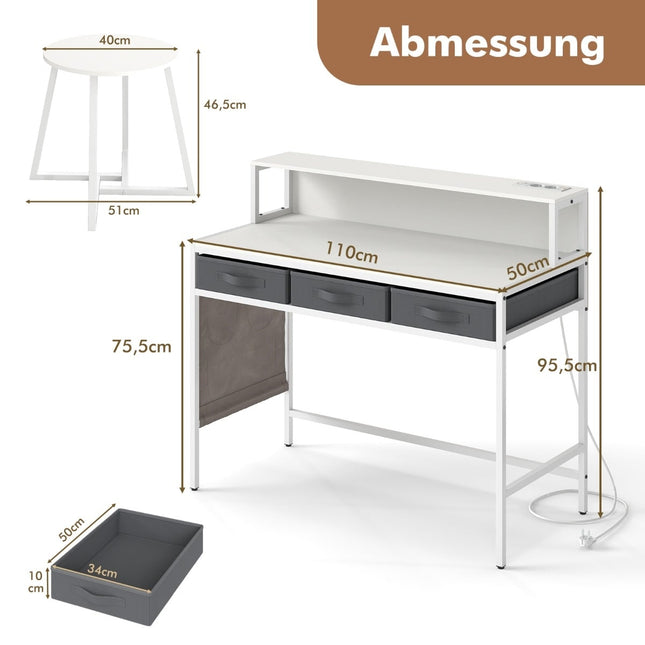 Bureau d'ordinateur avec prises électriques, support pour écran et tabouret inclus