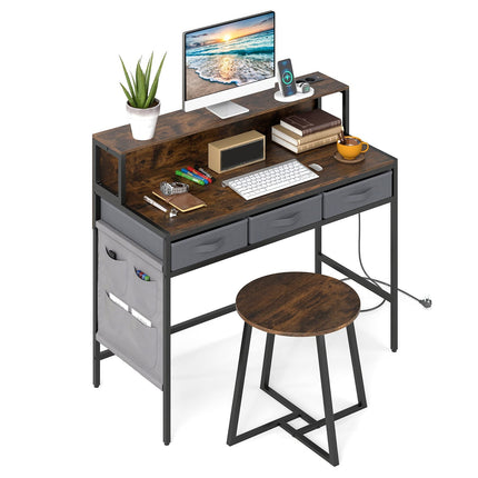 Bureau d'ordinateur avec prises électriques et tabouret - Brun rustique