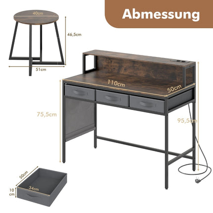 Bureau d'ordinateur avec prises électriques et tabouret - Brun rustique