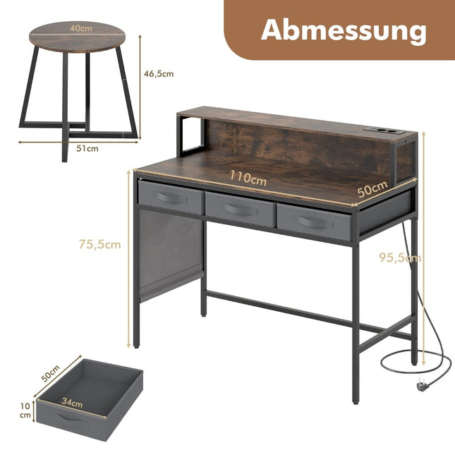Bureau d'ordinateur avec prises électriques et tabouret - Brun rustique