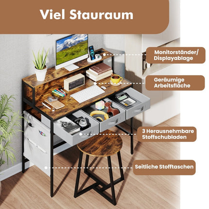 Bureau d'ordinateur avec prises électriques et tabouret - Brun rustique