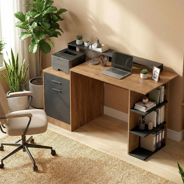 Bureau d'ordinateur avec rangements et étagères, chêne, 140 cm