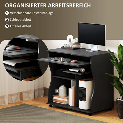 Bureau d'ordinateur avec roulettes Table de bureau avec étagère pour clavier ? Étagère, table PC noir 80 x 48 x 75 cm